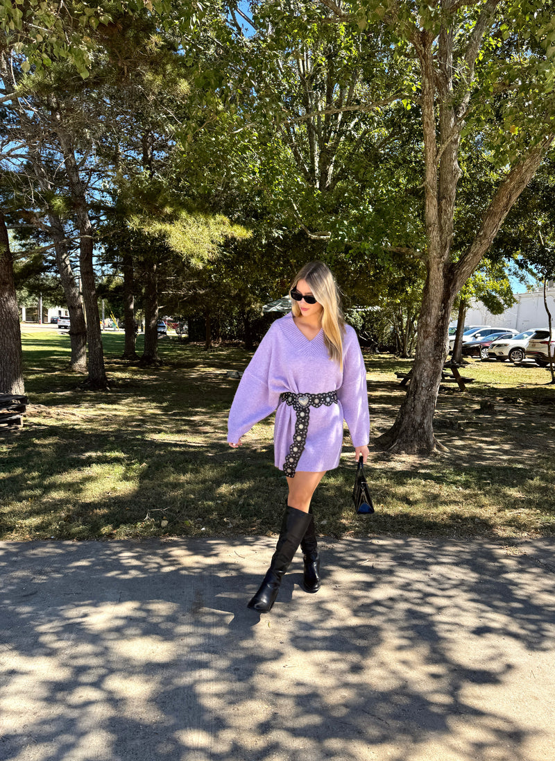 Lavender V Neck Sweater Dress