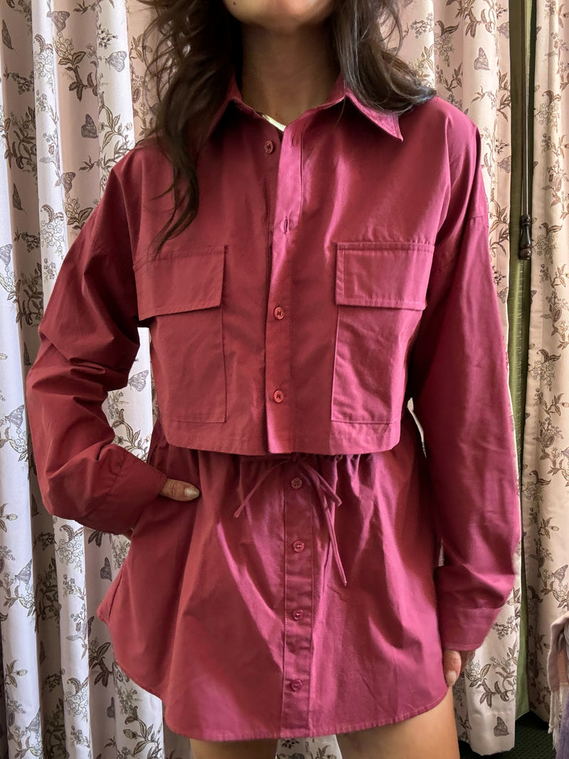 Burgundy Poplin Button Down Top