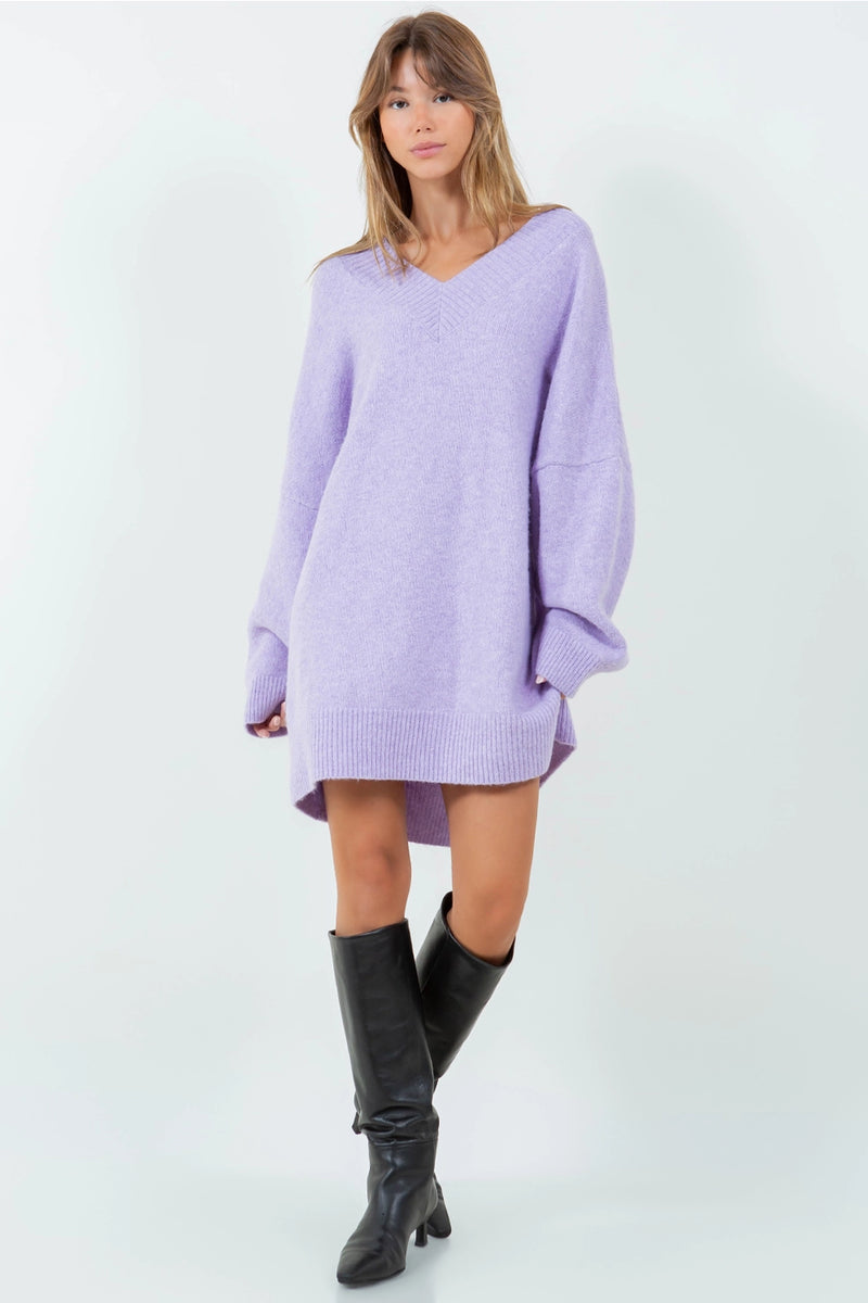 Lavender V Neck Sweater Dress