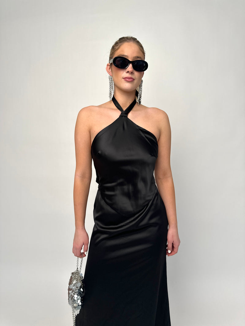 Black Halter Tie Maxi Dress