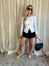 White Ribbed Button Down Cardigan Top