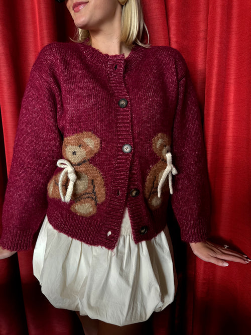 Burgundy Teddy Bear Cardigan