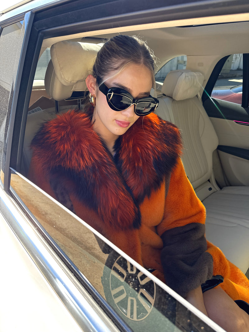 Multi Orange and Leopard Faux Fur Coat