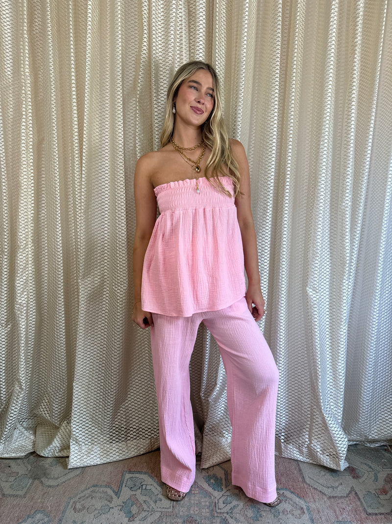 Pink Smocked Gauze Pants