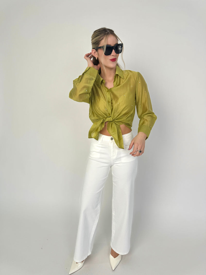 Green Rhinestone Button Down Shirt