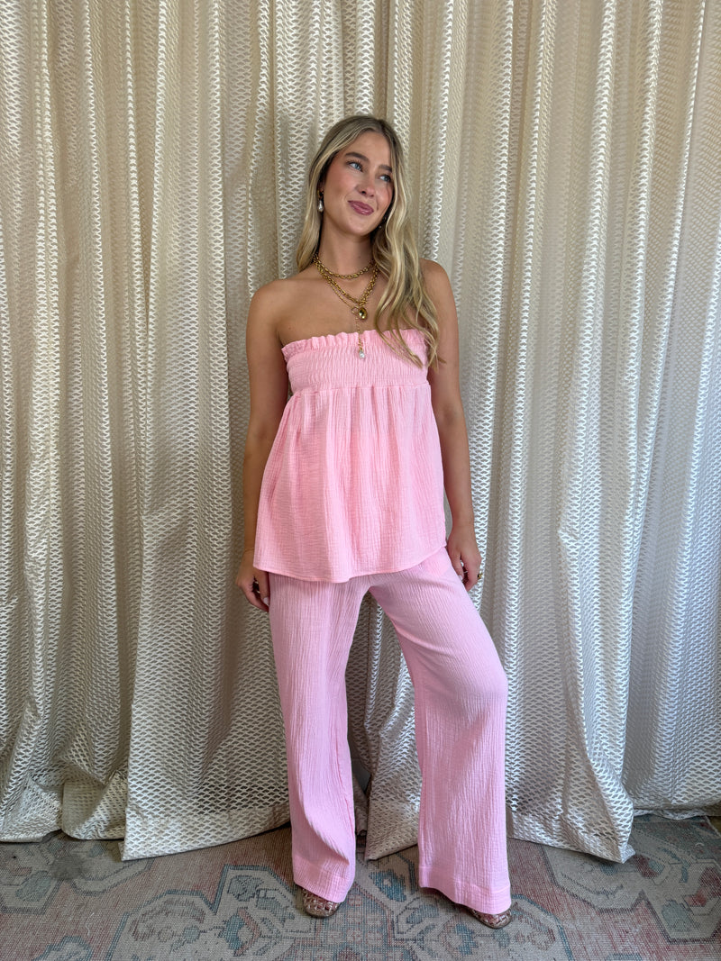 Pink Smocked Gauze Pants