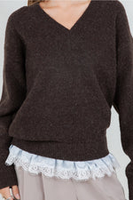 Gabby Espresso & Lace Trim Sweater Top