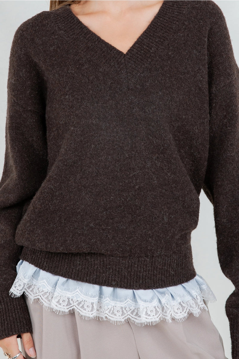 Gabby Espresso & Lace Trim Sweater Top