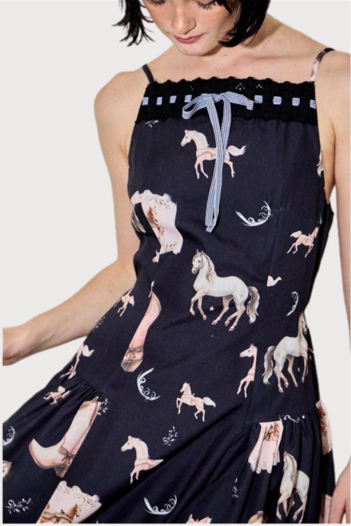 Western Print Drop Waist Midi Dress