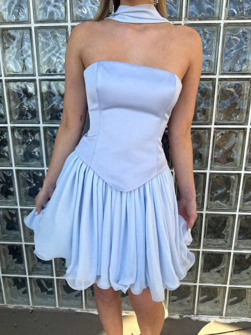 Valentina Baby Blue Curve Edge Mini Dress