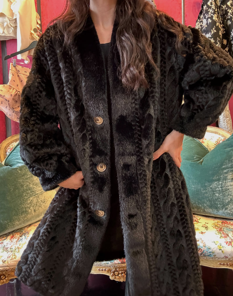 Black Faux Cabled Fur Long Coat