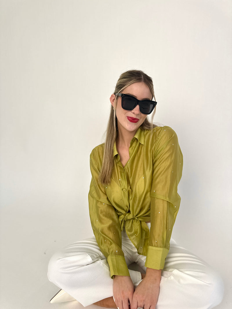 Green Rhinestone Button Down Shirt