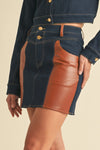 Denim & Faux Leather Mini Skirt