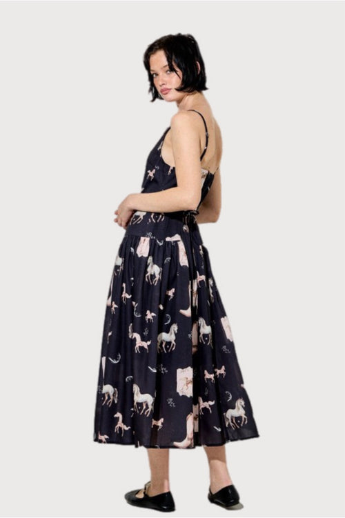 Western Print Drop Waist Midi Dress