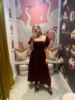 Burgundy Velvet Smocked Midi Dress