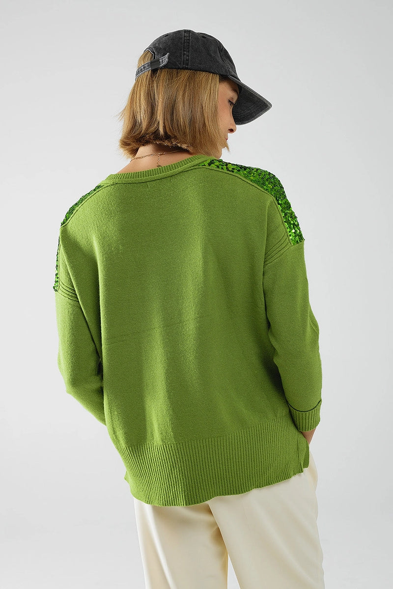 Green Sequin Detail Sweater