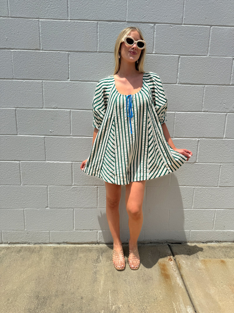 Green Striped Puff Sleeve Romper