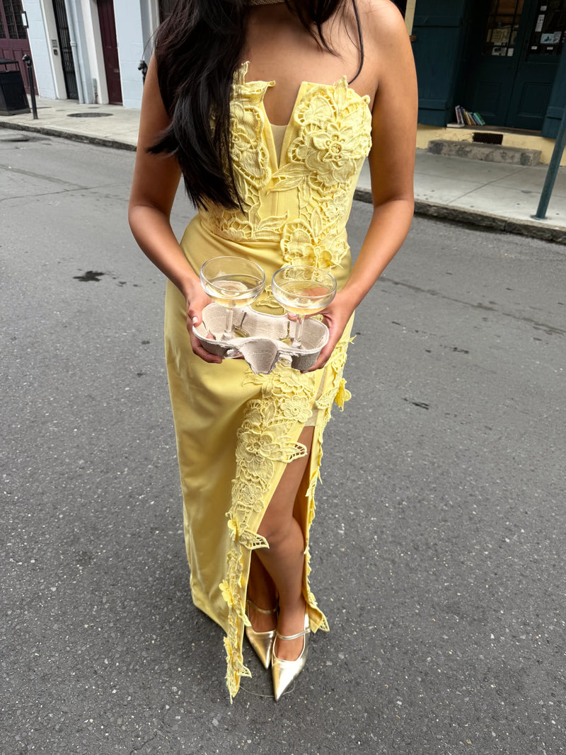 yellow strapless maxi dress Yellow Floral Applique Strapless Maxi Dress – Au Darling