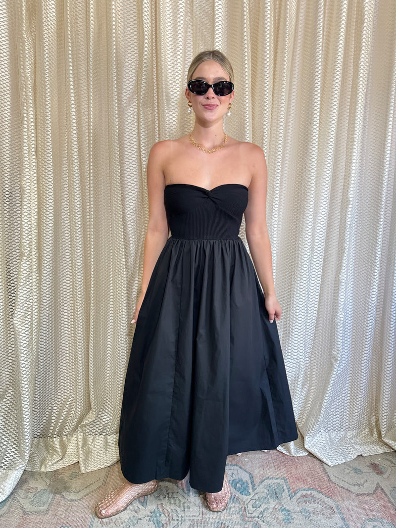 Black Strapless Twist Front Maxi Dress