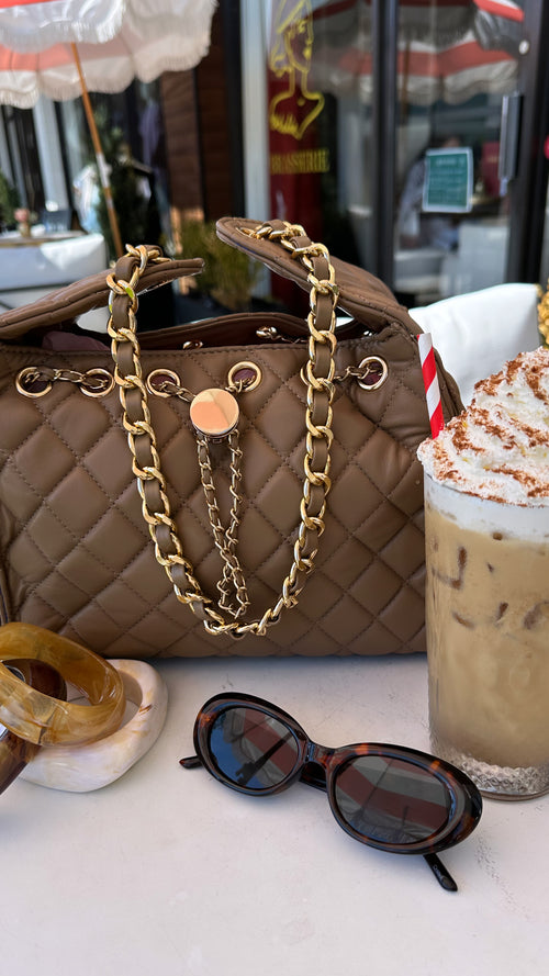 Latte Quilted Hobo Bucket Handbag