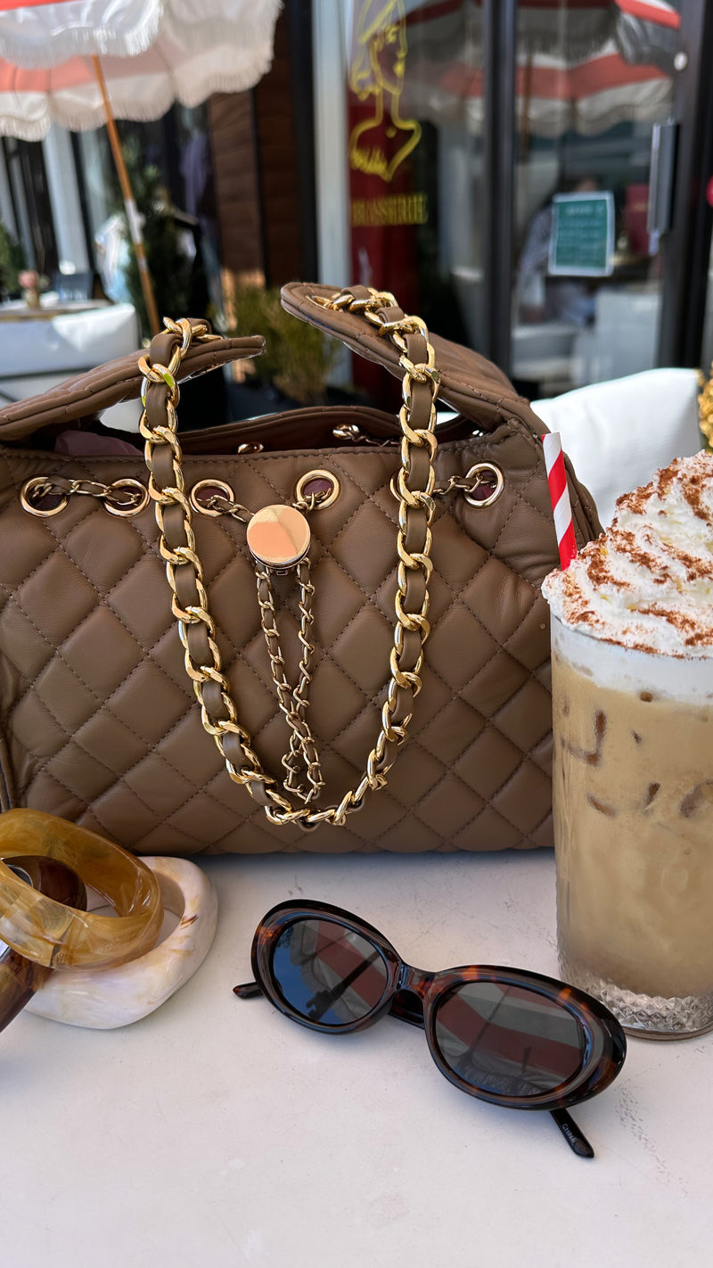 Latte Quilted Hobo Bucket Handbag