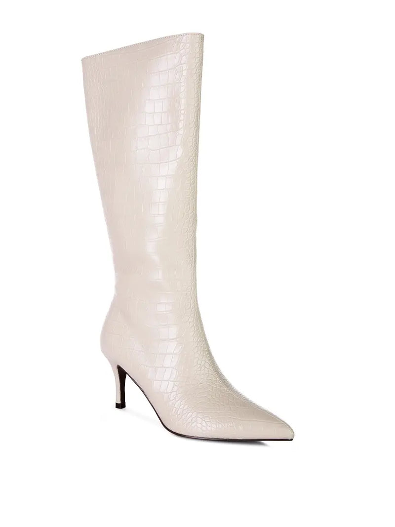Ivory Croc Pointed Toe Boot