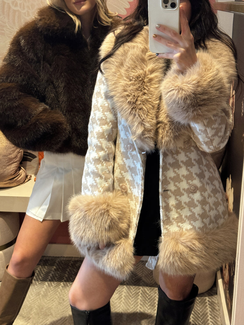 White & Taupe Houndstooth Fur Jacket