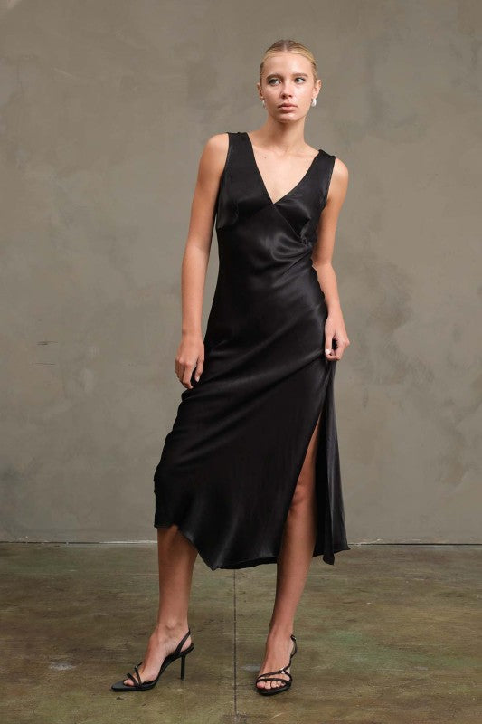 Black Satin V-Neck Midi Dress