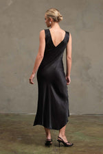 Black Satin V-Neck Midi Dress