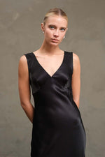 Black Satin V-Neck Midi Dress