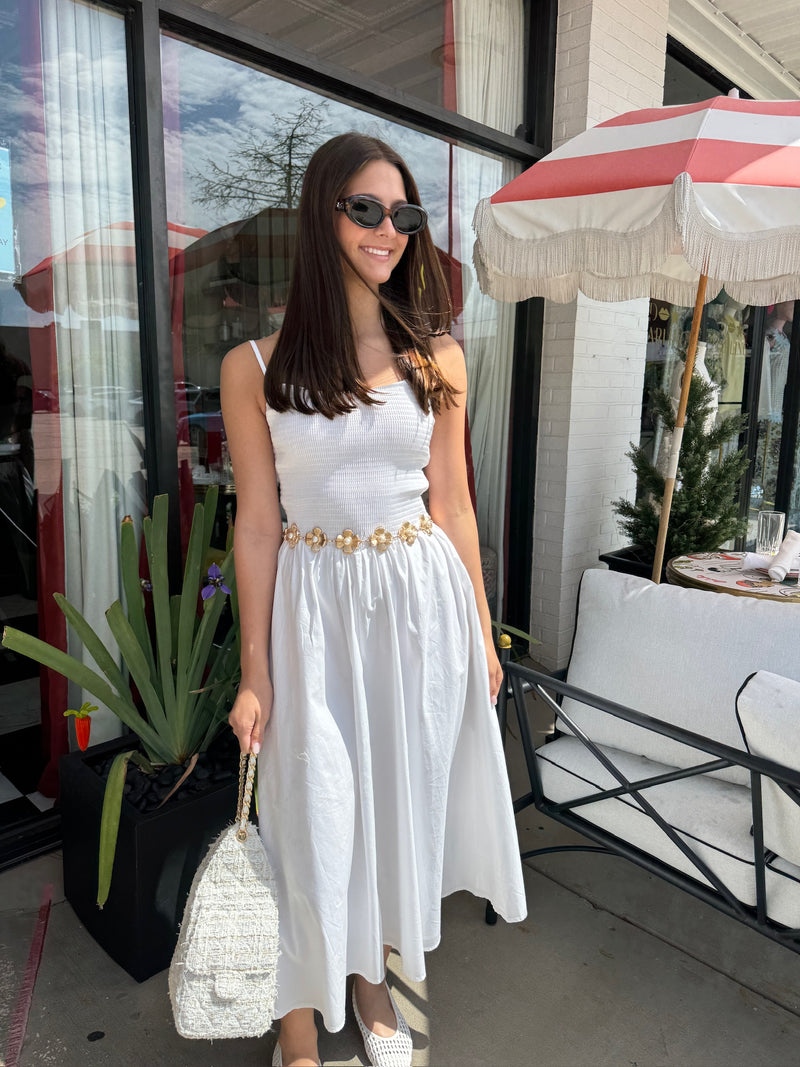 smocked cotton dress White Smocked Cotton Midi Dress Medium