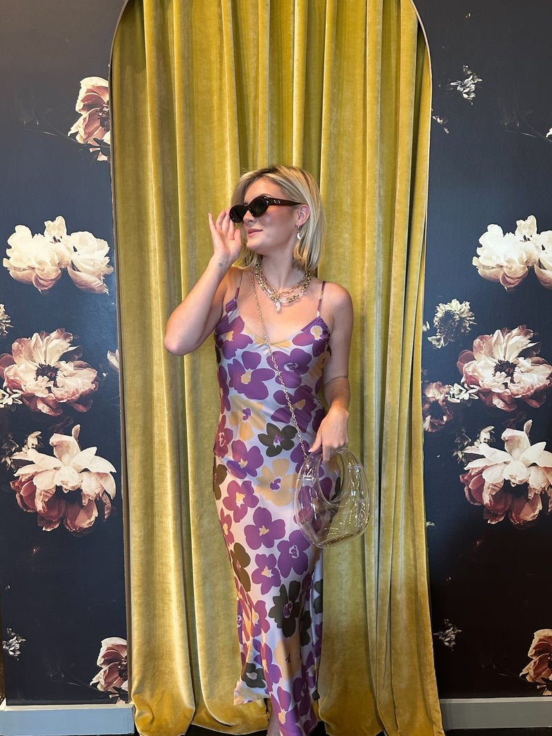 Purple & Gold Floral Midi Dress