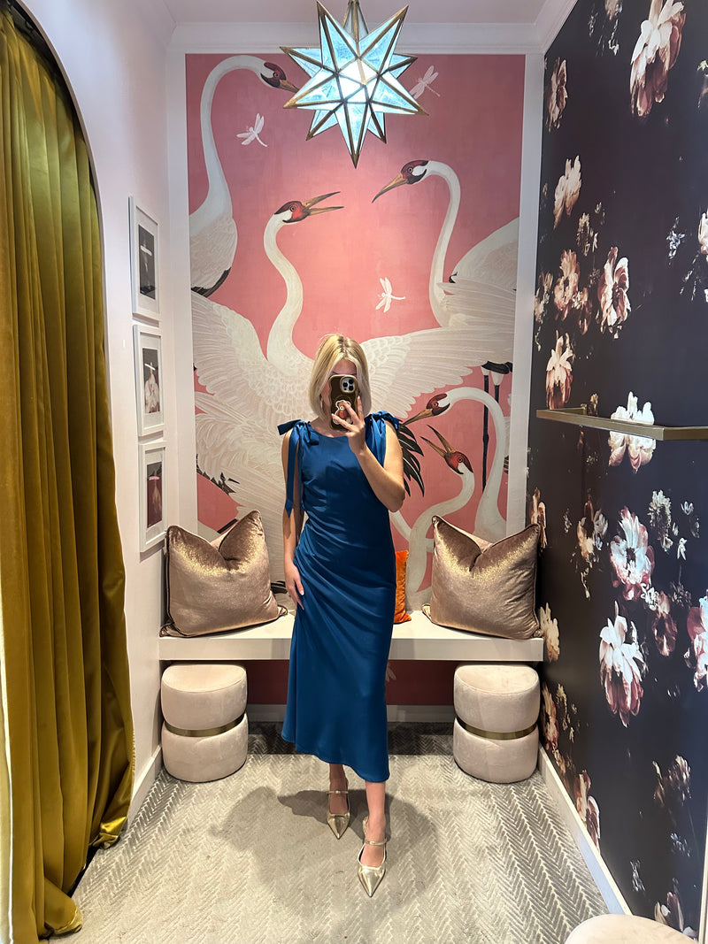 Cobalt Satin Cowl Back Midi Dress