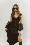 Black Satin V-Neck Midi Dress