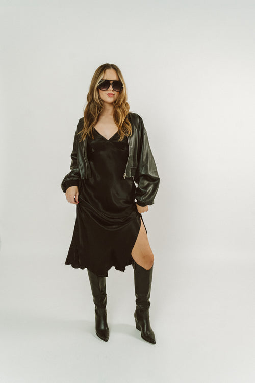 Black Satin V-Neck Midi Dress