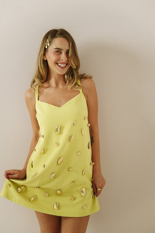 Chartreuse Embellished Mini Dress