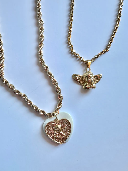 Pearlized Heart Cherub Necklace