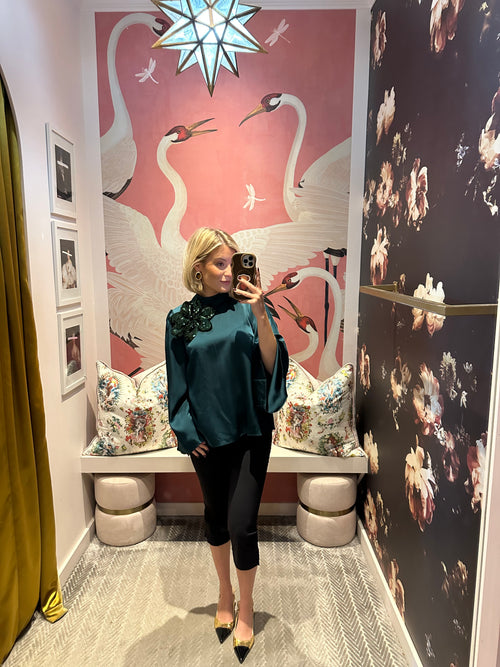 Emerald Floral Bell Sleeve Blouse