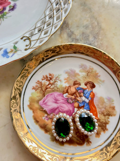 Emerald & Pearl Oval Clip Earrings