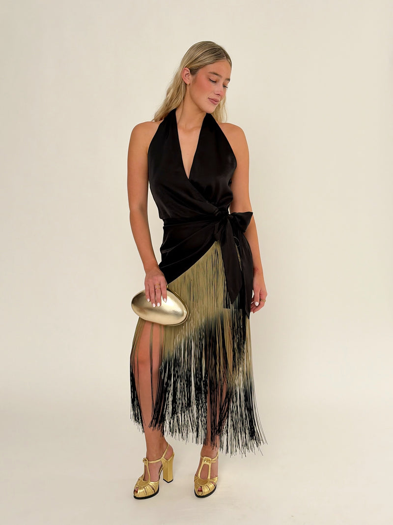 Black Satin Ombre Fringe Halter Dress Small