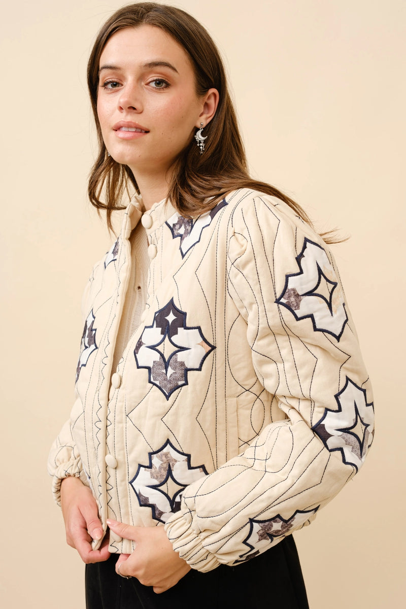 Cream Quilted Embroidered Jacket