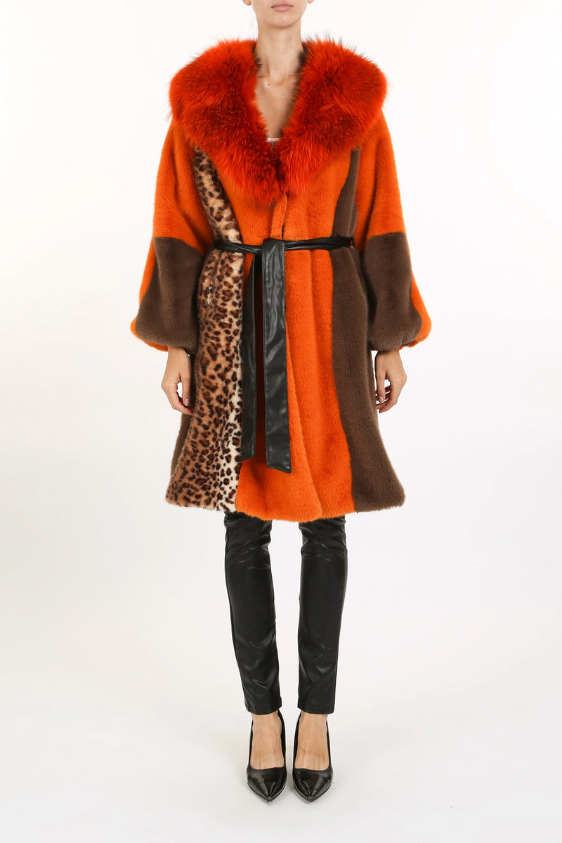 Multi Orange and Leopard Faux Fur Coat