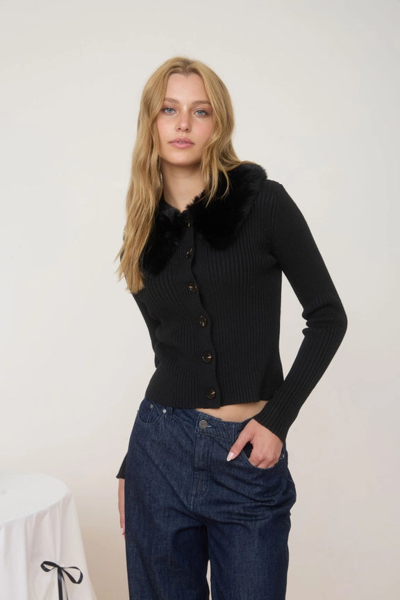Black Faux Fur Collar Cardigan