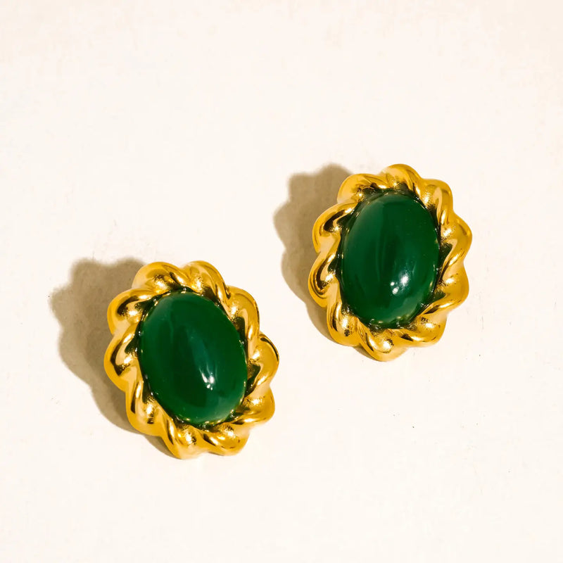 Vintage Green Oval Stud Earrings