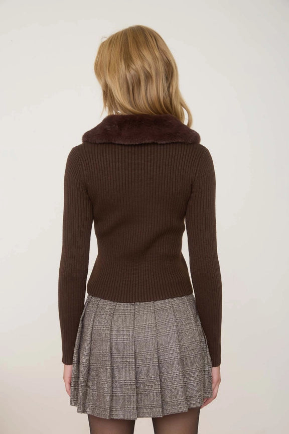 Chocolate Faux Fur Collar Cardigan