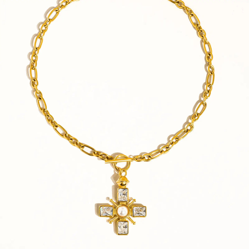 Rhinestone & Pearl Cross Necklace