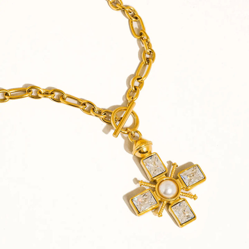Rhinestone & Pearl Cross Necklace