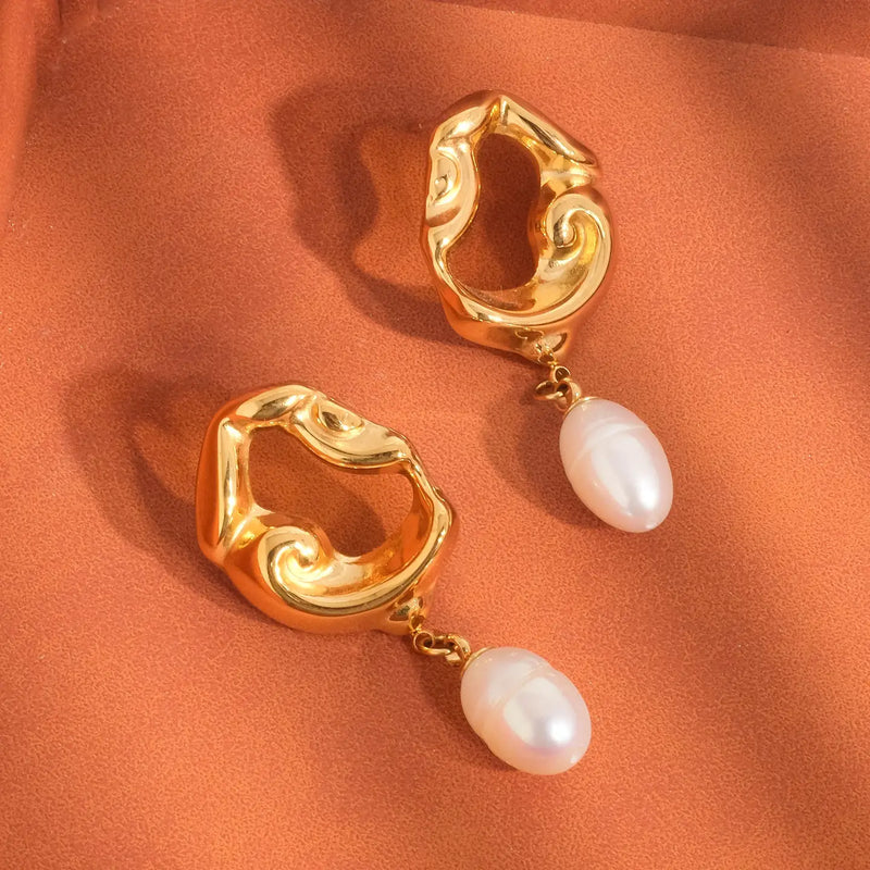 Abstract Gold & Pearl Drop Earrings