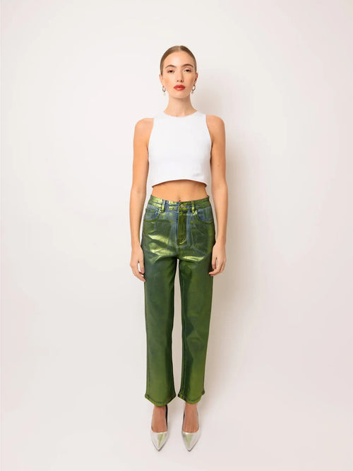 Green Denim Foil Pants