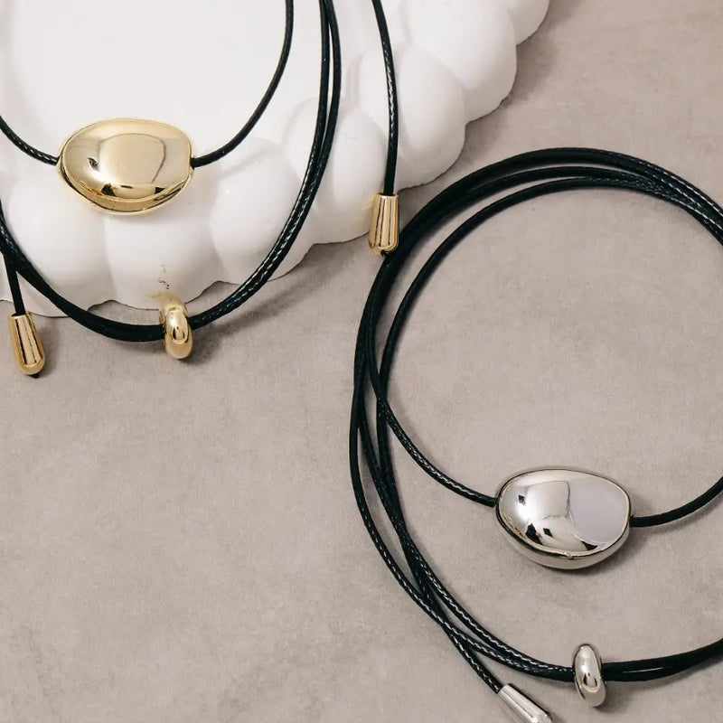 Gold Oval Pendant Cord Necklace